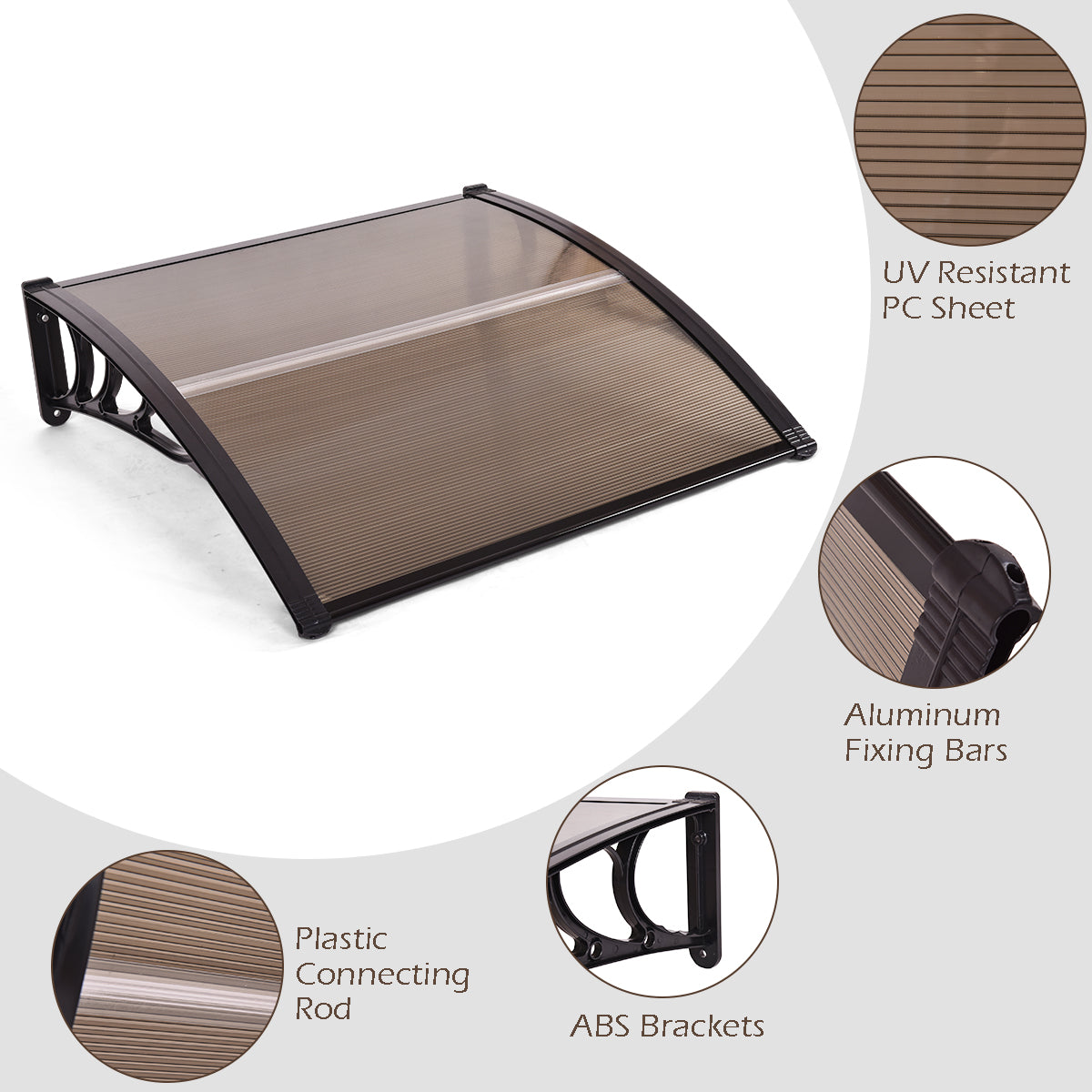 Door Canopy Awning Shelter Front Back Porch Window Roof Outdoor Shade 100*100CM-Brown