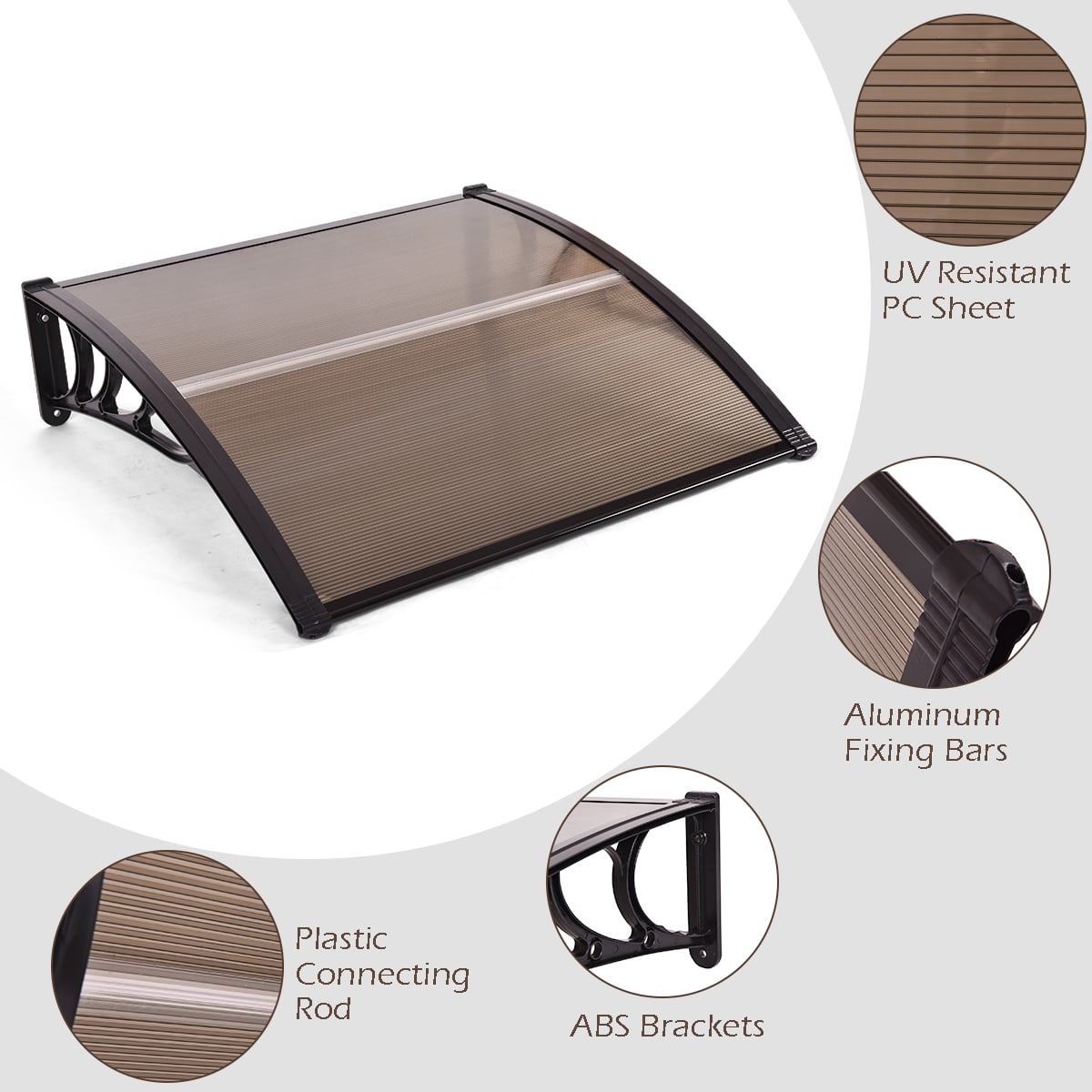 Door Canopy Awning Shelter Front Back Porch Window Roof Outdoor Shade 100*100CM-Brown
