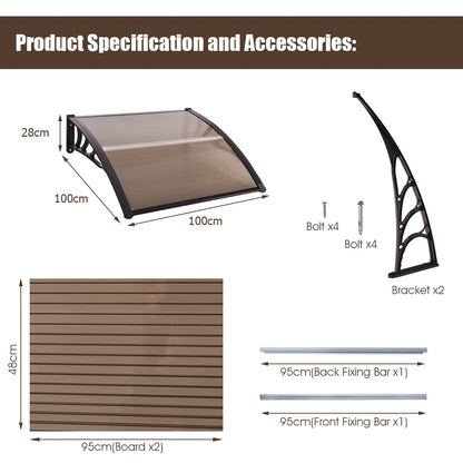 Door Canopy Awning Shelter Front Back Porch Window Roof Outdoor Shade 100*100CM-Brown