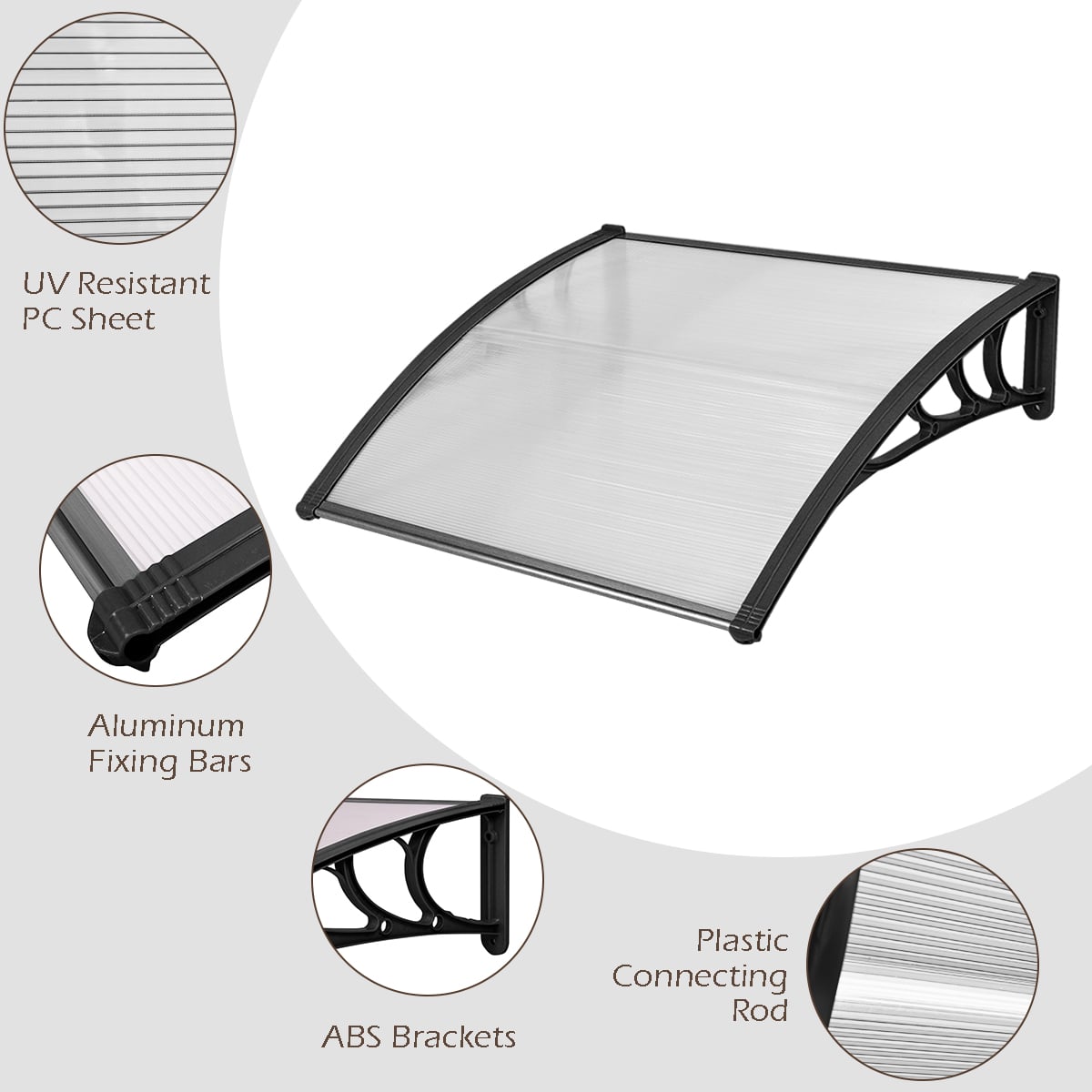 Door Canopy Awning Shelter Front Back Porch Window Roof Outdoor Shade 100*100CM-Black