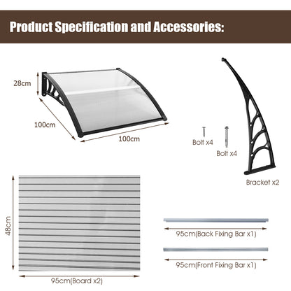 Door Canopy Awning Shelter Front Back Porch Window Roof Outdoor Shade 100*100CM-Black