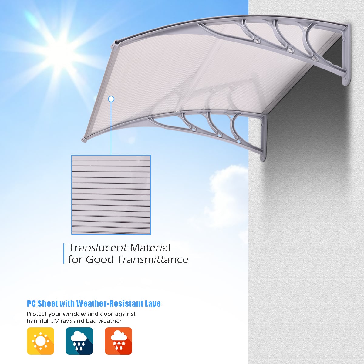 Door Canopy Awning Shelter Front Back Porch Window Roof Outdoor Shade 100*100CM-Gray