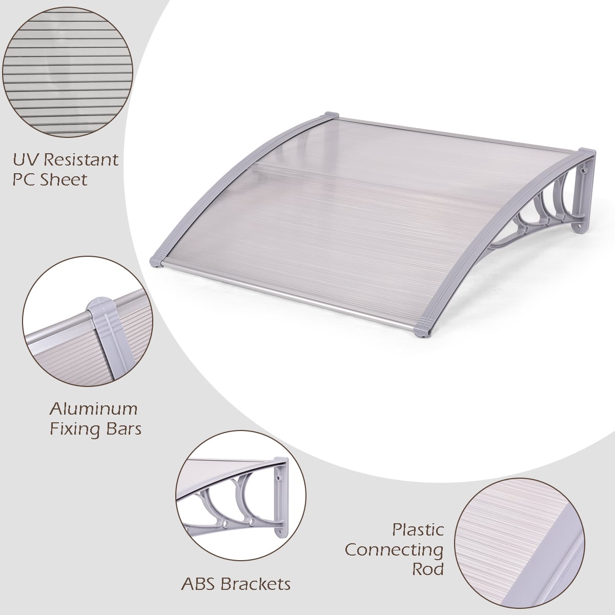 Door Canopy Awning Shelter Front Back Porch Window Roof Outdoor Shade 100*100CM-Gray