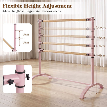 Double-Bar Ballet Barre with 3-Level Height Adjustable Bar Freestanding Balance Ballet Barre-Pink