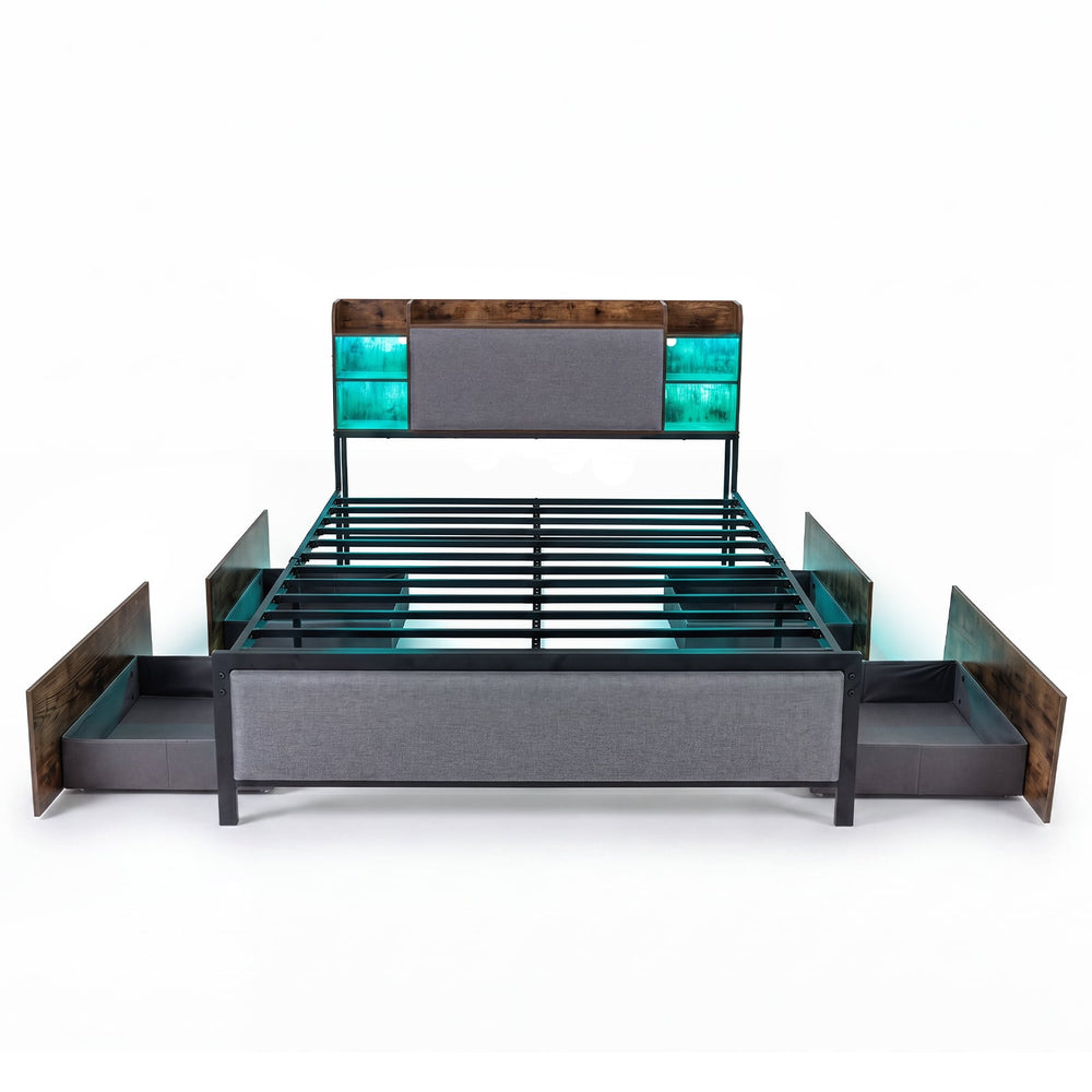 Double Bed Frame with LED Lights Charging Station Storage and Headboard-RusticBrown
