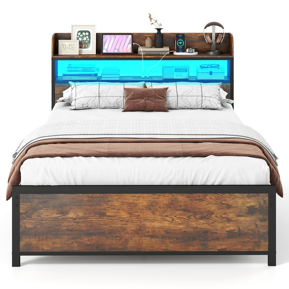 Double Bed Frame with LED Lights and Power Outlets with Storage Headboard-Rustic Brown