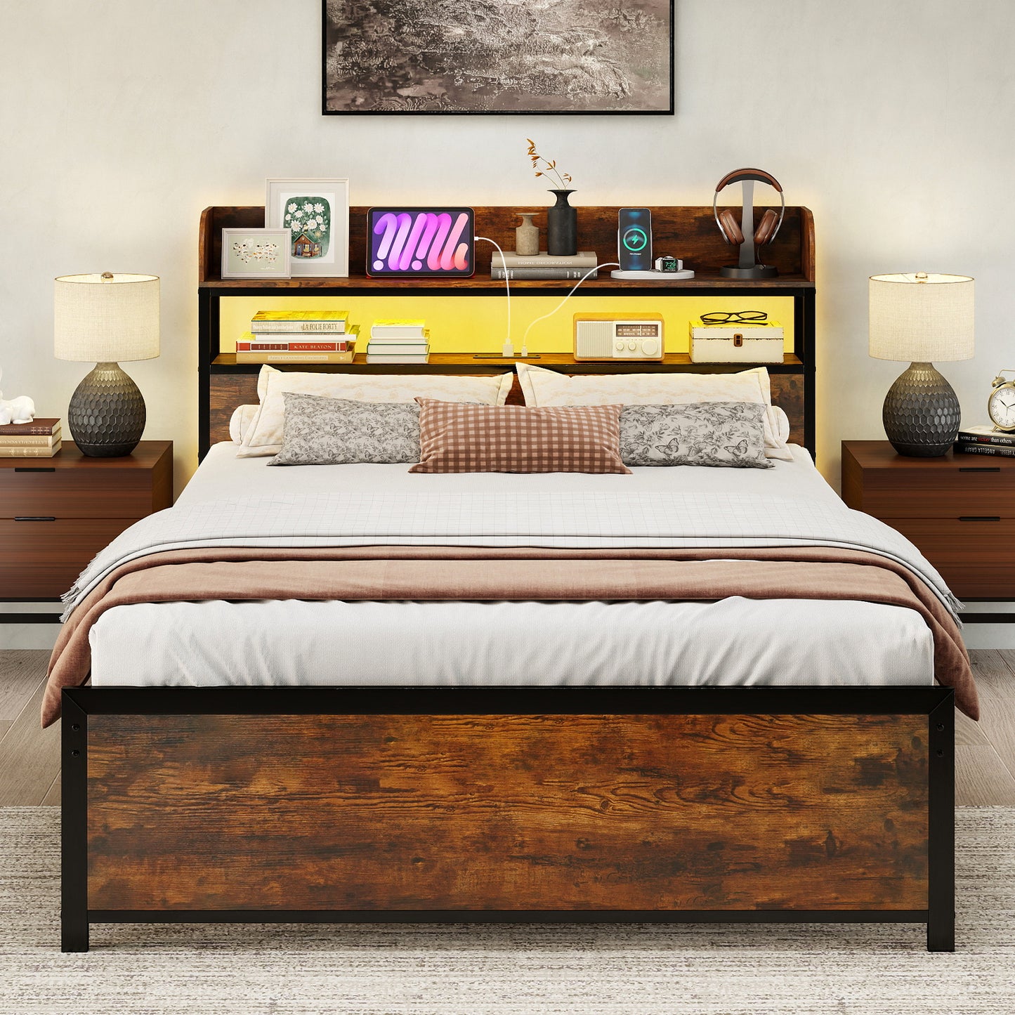 Double Bed Frame with LED Lights and Power Outlets with Storage Headboard-Rustic Brown
