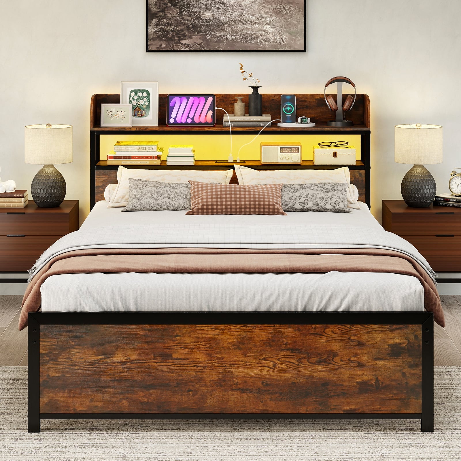 Double Bed Frame with LED Lights and Power Outlets with Storage Headboard-Rustic Brown