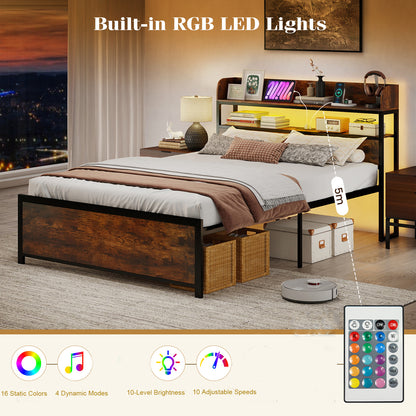 Double Bed Frame with LED Lights and Power Outlets with Storage Headboard-Rustic Brown