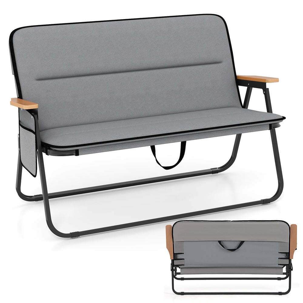 Double Camping Chair 2-Person with Detachable Cushion and Side Pocket -Grey
