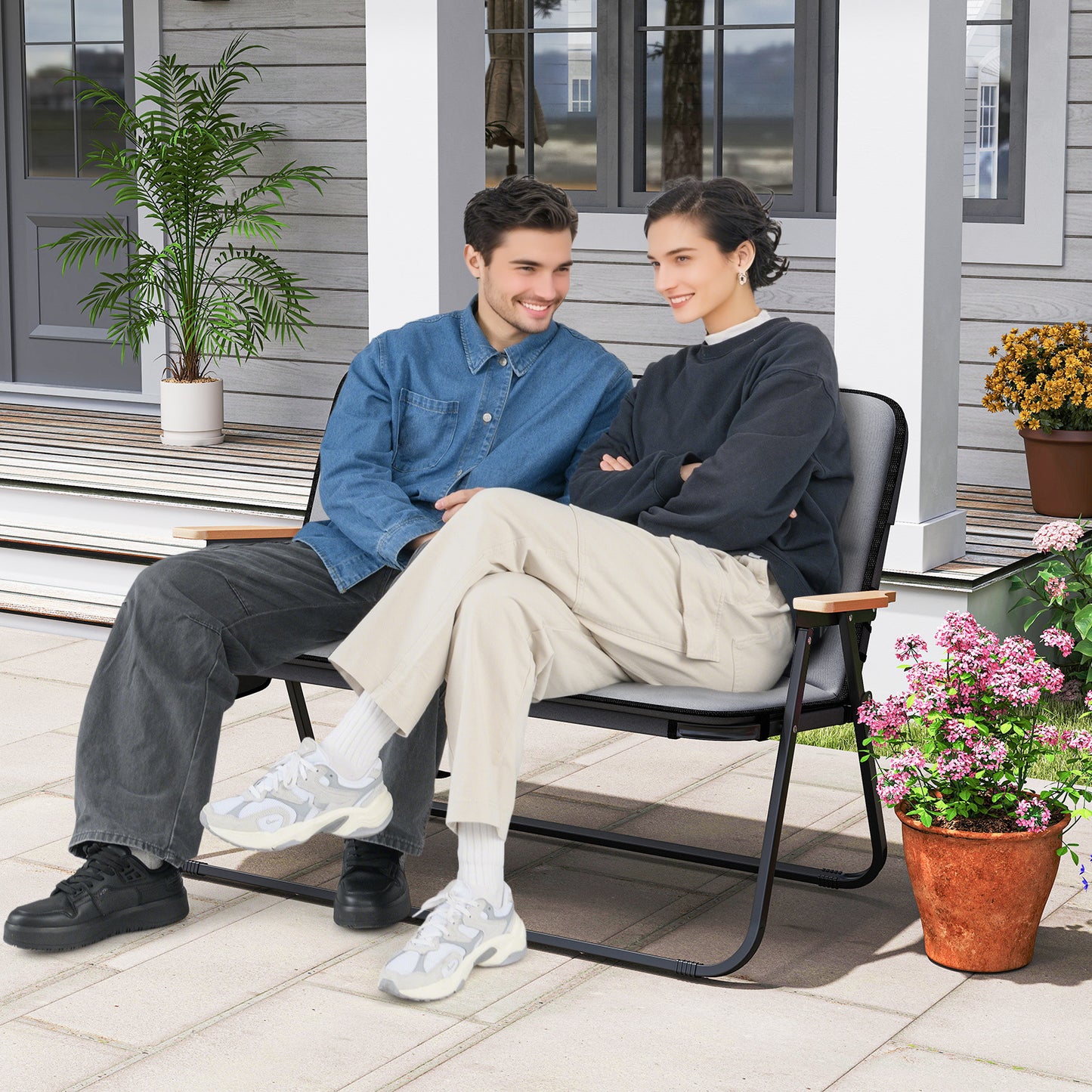 Double Camping Chair 2-Person with Detachable Cushion and Side Pocket -Grey