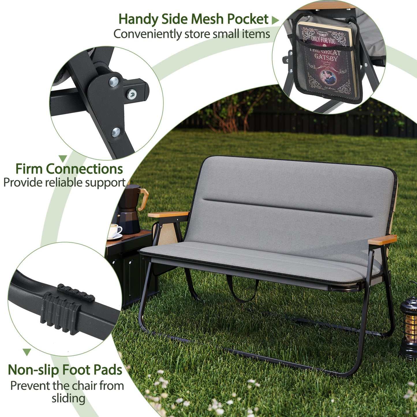 Double Camping Chair 2-Person with Detachable Cushion and Side Pocket -Grey