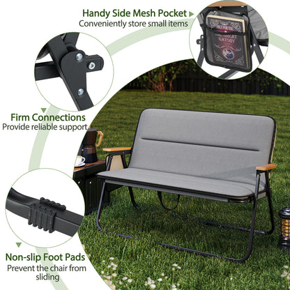 Double Camping Chair 2-Person with Detachable Cushion and Side Pocket -Grey