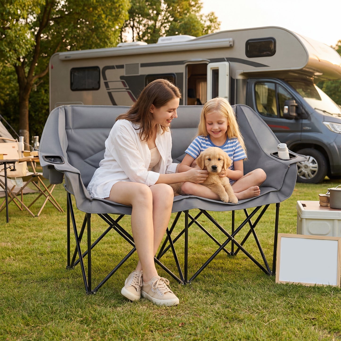 Double Camping Chair with Cup Holders and Glass Racks-Grey