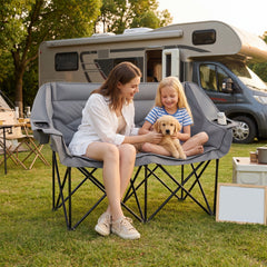 Double Camping Chair with Cup Holders and Glass Racks-Grey