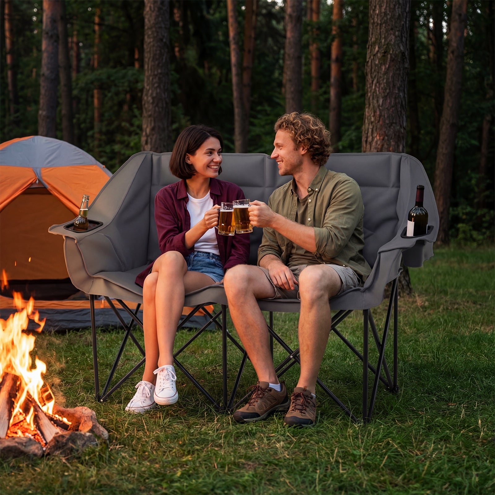 Double Camping Chair with Cup Holders and Glass Racks-Grey