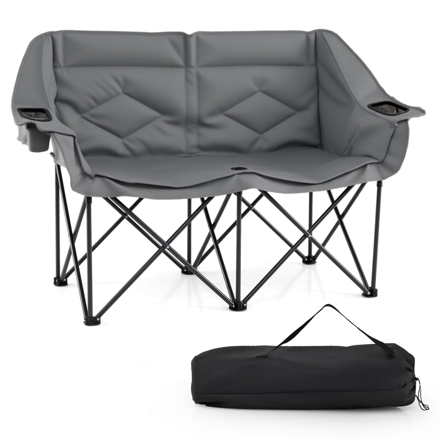 Double Camping Chair with Cup Holders and Glass Racks-Grey