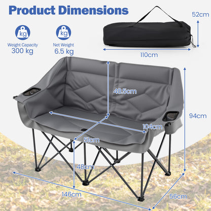 Double Camping Chair with Cup Holders and Glass Racks-Grey