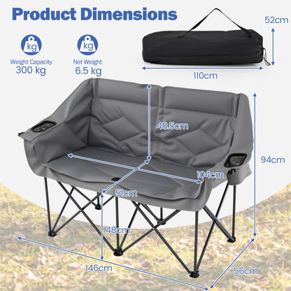 Double Camping Chair with Cup Holders and Glass Racks-Grey