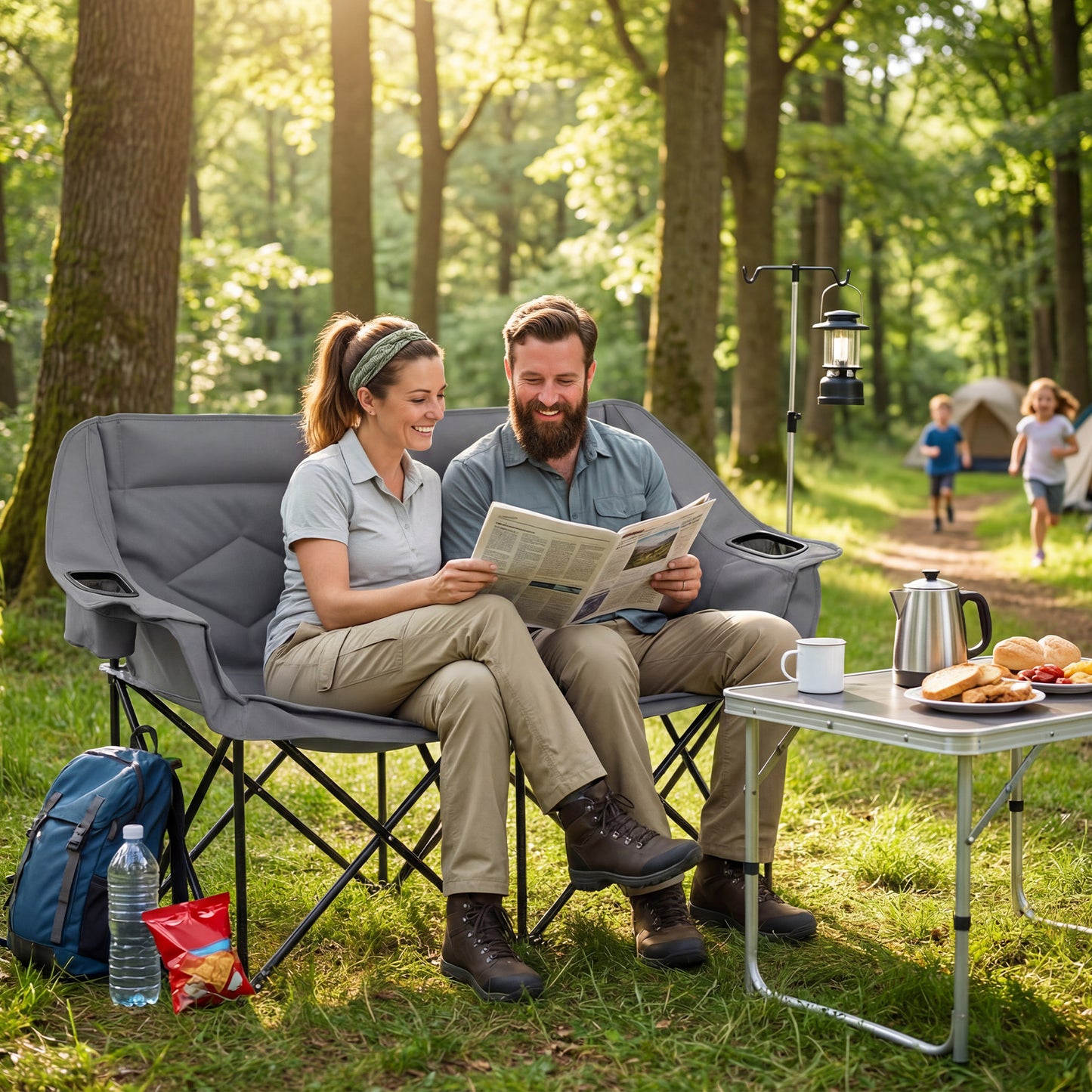 Double Camping Chair with Cup Holders and Glass Racks-Grey