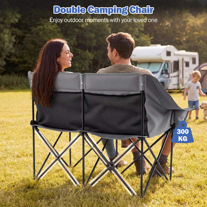 Double Camping Chair with Cup Holders and Glass Racks-Grey