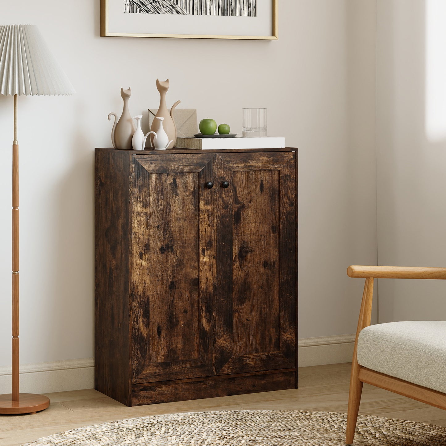 Double Door Storage Cabinet Wooden Sideboard Freestanding Kitchen Cupboard with Doors-Rustic Brown