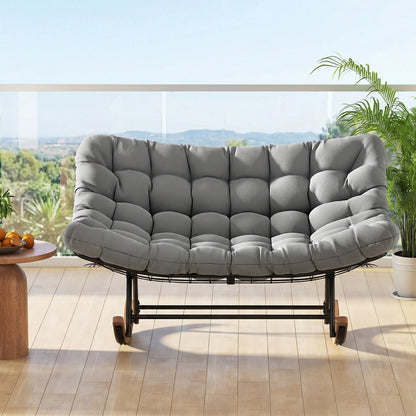 Double Papasan Rocking Chair for 2 Oversized 320 kg Outdoor Metal Loveseat with Thick Cushion-Grey