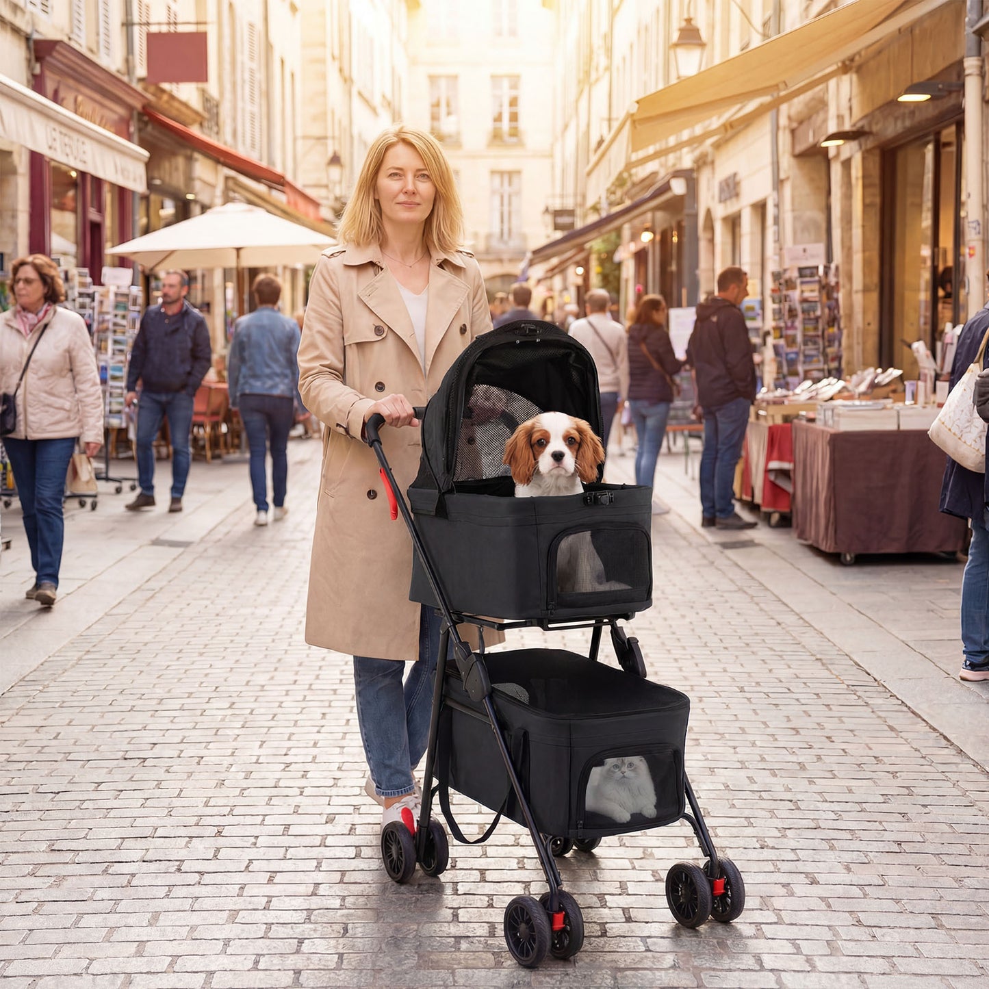 Double Pet Stroller 3 in 1 Foldable with 2 Detachable Carriers Car Seats-Black