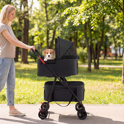 Double Pet Stroller 3 in 1 Foldable with 2 Detachable Carriers Car Seats-Black