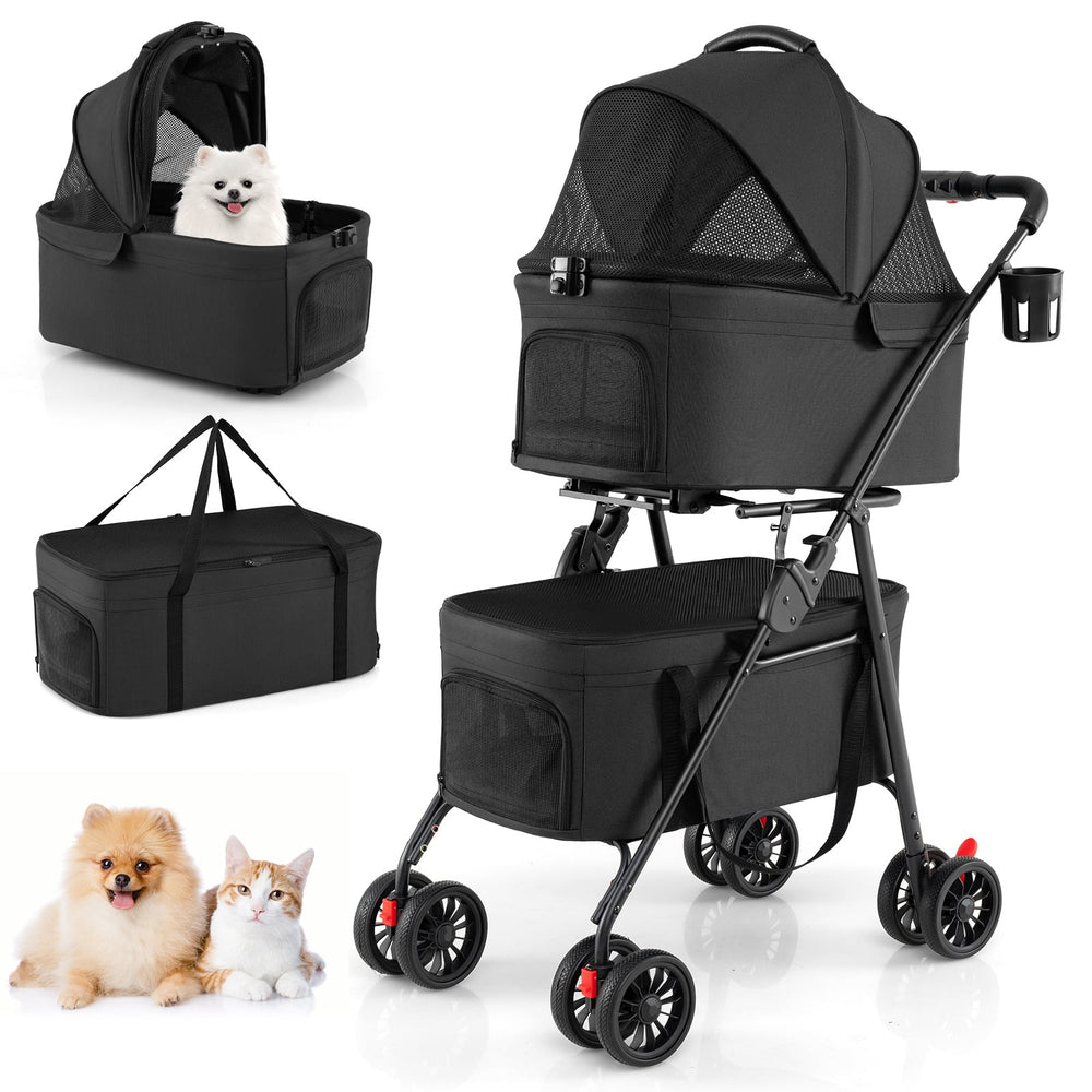 Double Pet Stroller 3 in 1 Foldable with 2 Detachable Carriers Car Seats-Black