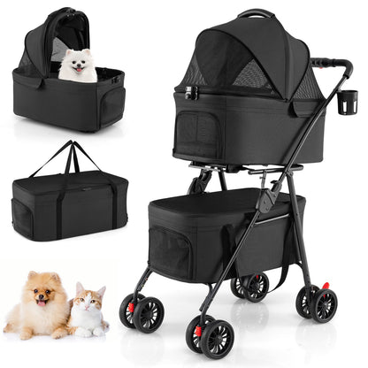 Double Pet Stroller 3 in 1 Foldable with 2 Detachable Carriers Car Seats-Black