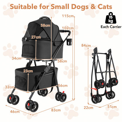 Double Pet Stroller 3 in 1 Foldable with 2 Detachable Carriers Car Seats-Black