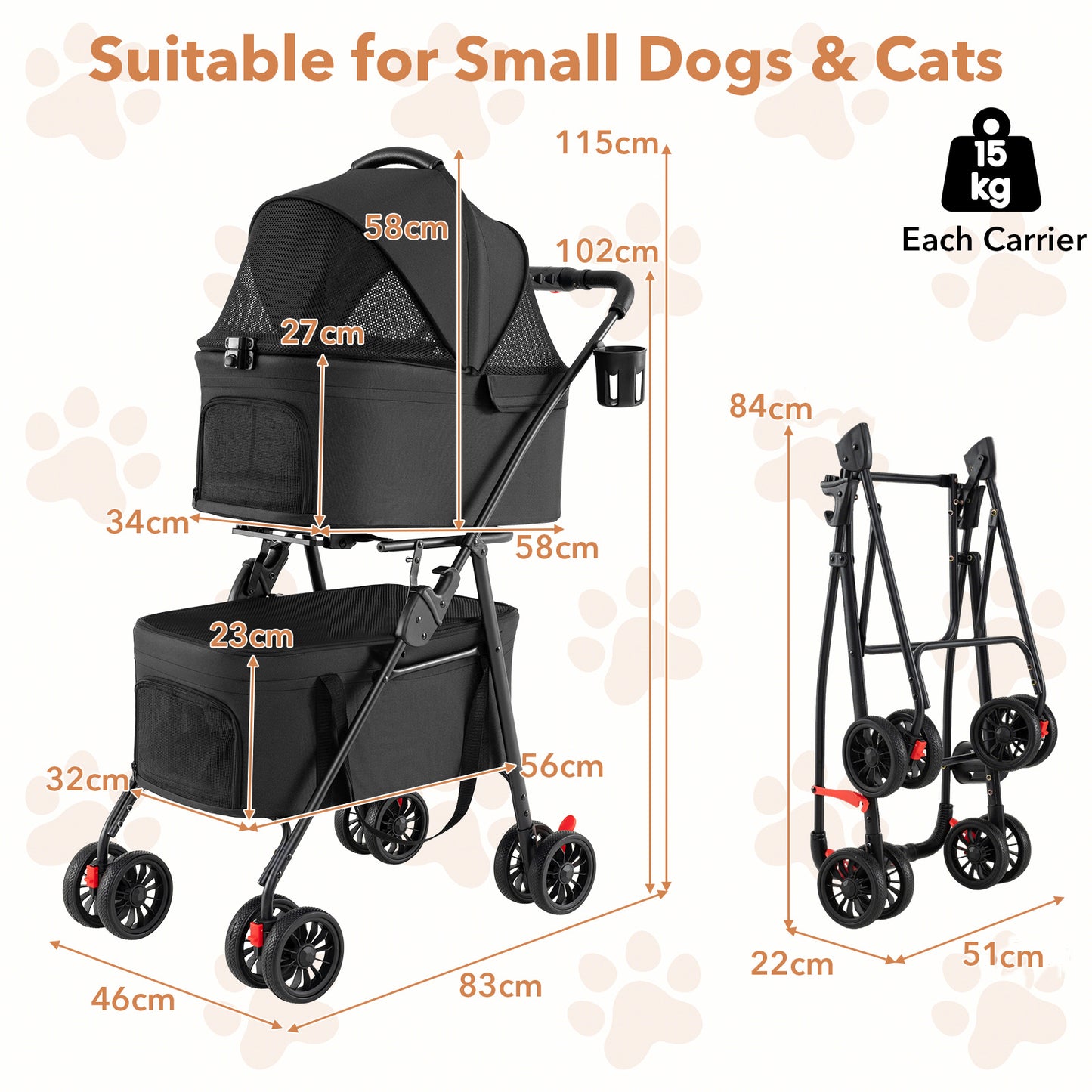 Double Pet Stroller 3 in 1 Foldable with 2 Detachable Carriers Car Seats-Black