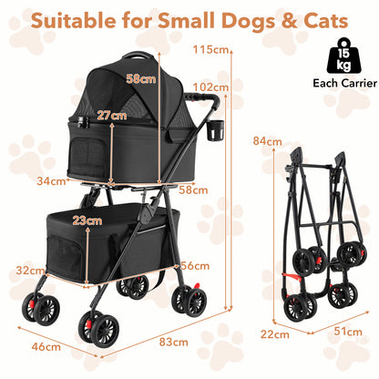 Double Pet Stroller 3 in 1 Foldable with 2 Detachable Carriers Car Seats-Black