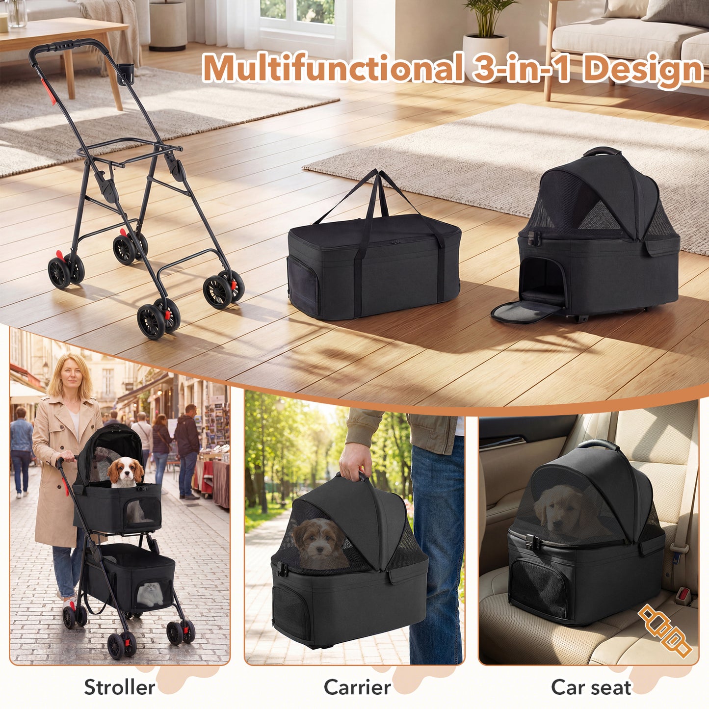 Double Pet Stroller 3 in 1 Foldable with 2 Detachable Carriers Car Seats-Black
