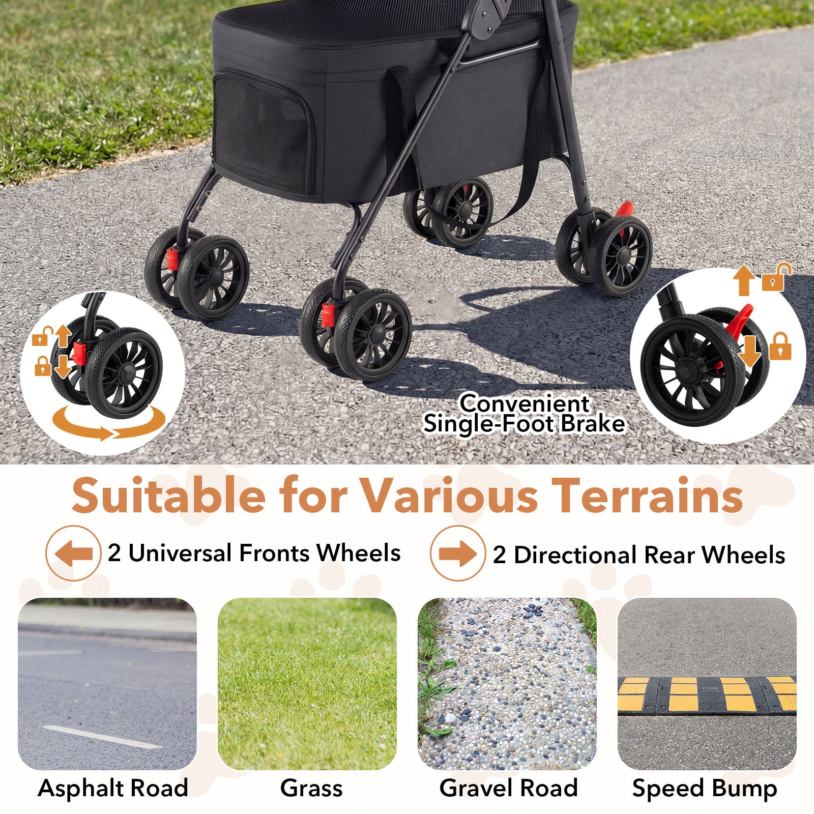 Double Pet Stroller 3 in 1 Foldable with 2 Detachable Carriers Car Seats-Black