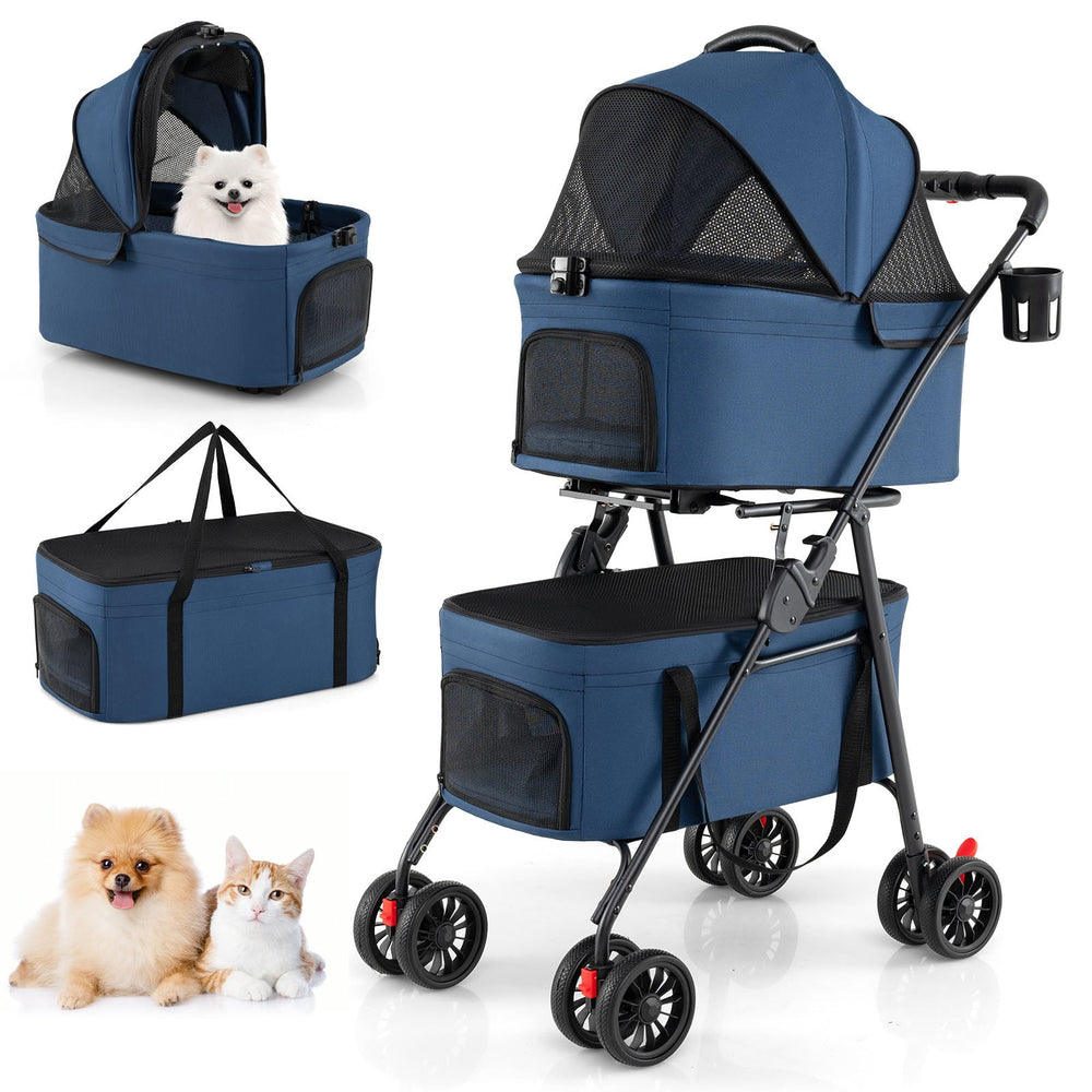 Double Pet Stroller 3 in 1 Foldable with 2 Detachable Carriers Car Seats-Blue