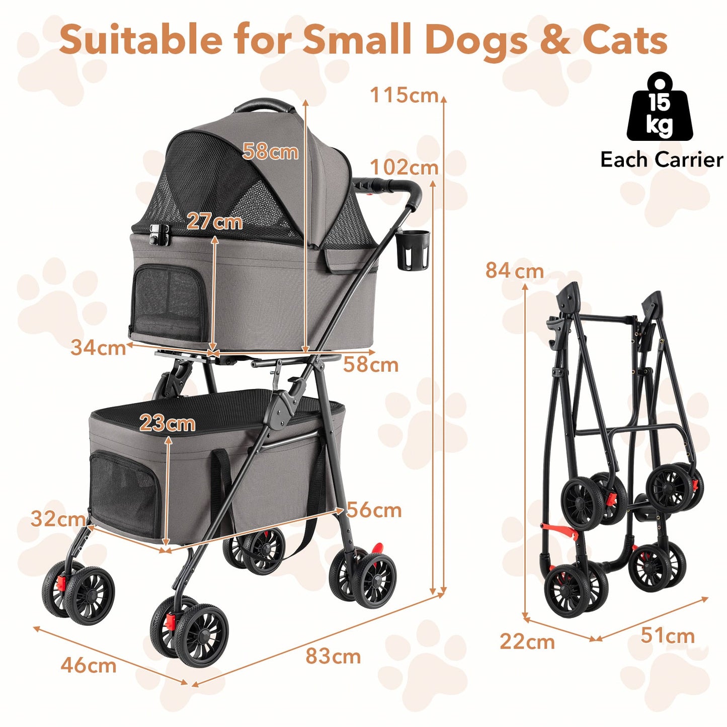 Double Pet Stroller 3 in 1 Foldable with 2 Detachable Carriers Car Seats-Grey