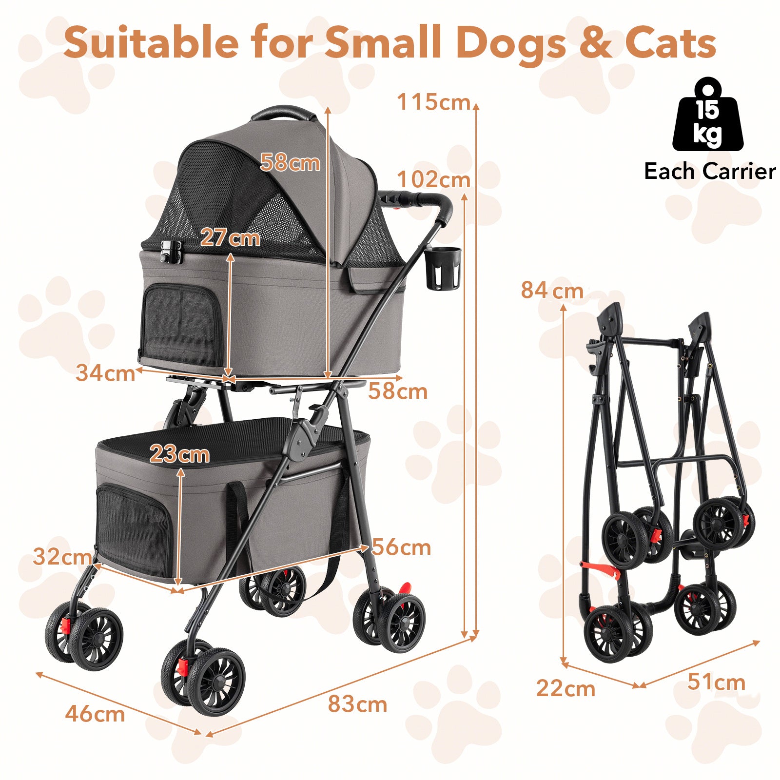 Double Pet Stroller 3 in 1 Foldable with 2 Detachable Carriers Car Seats-Grey