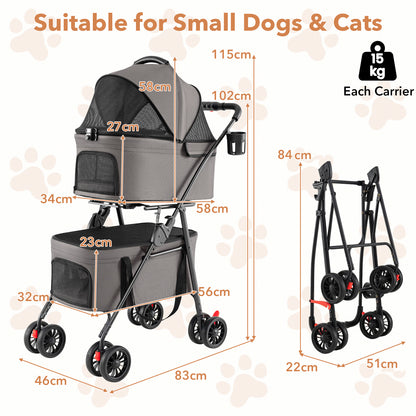 Double Pet Stroller 3 in 1 Foldable with 2 Detachable Carriers Car Seats-Grey