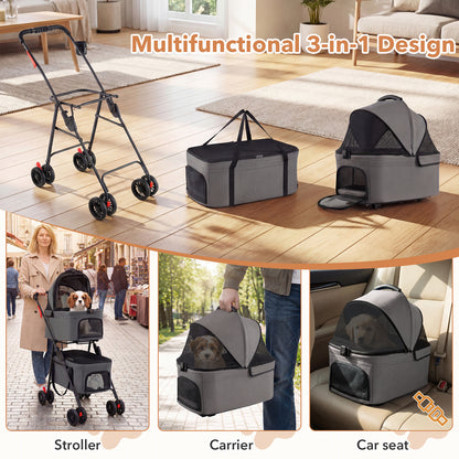 Double Pet Stroller 3 in 1 Foldable with 2 Detachable Carriers Car Seats-Grey