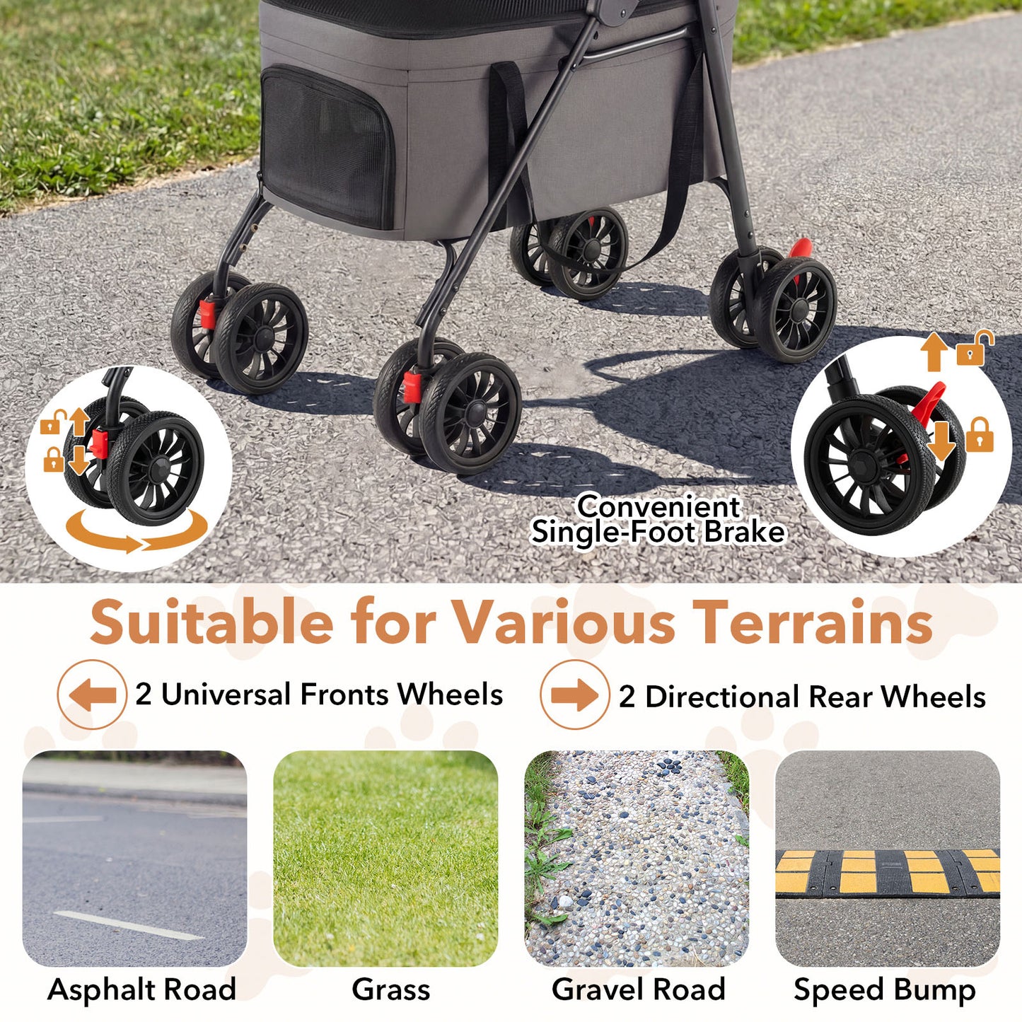 Double Pet Stroller 3 in 1 Foldable with 2 Detachable Carriers Car Seats-Grey