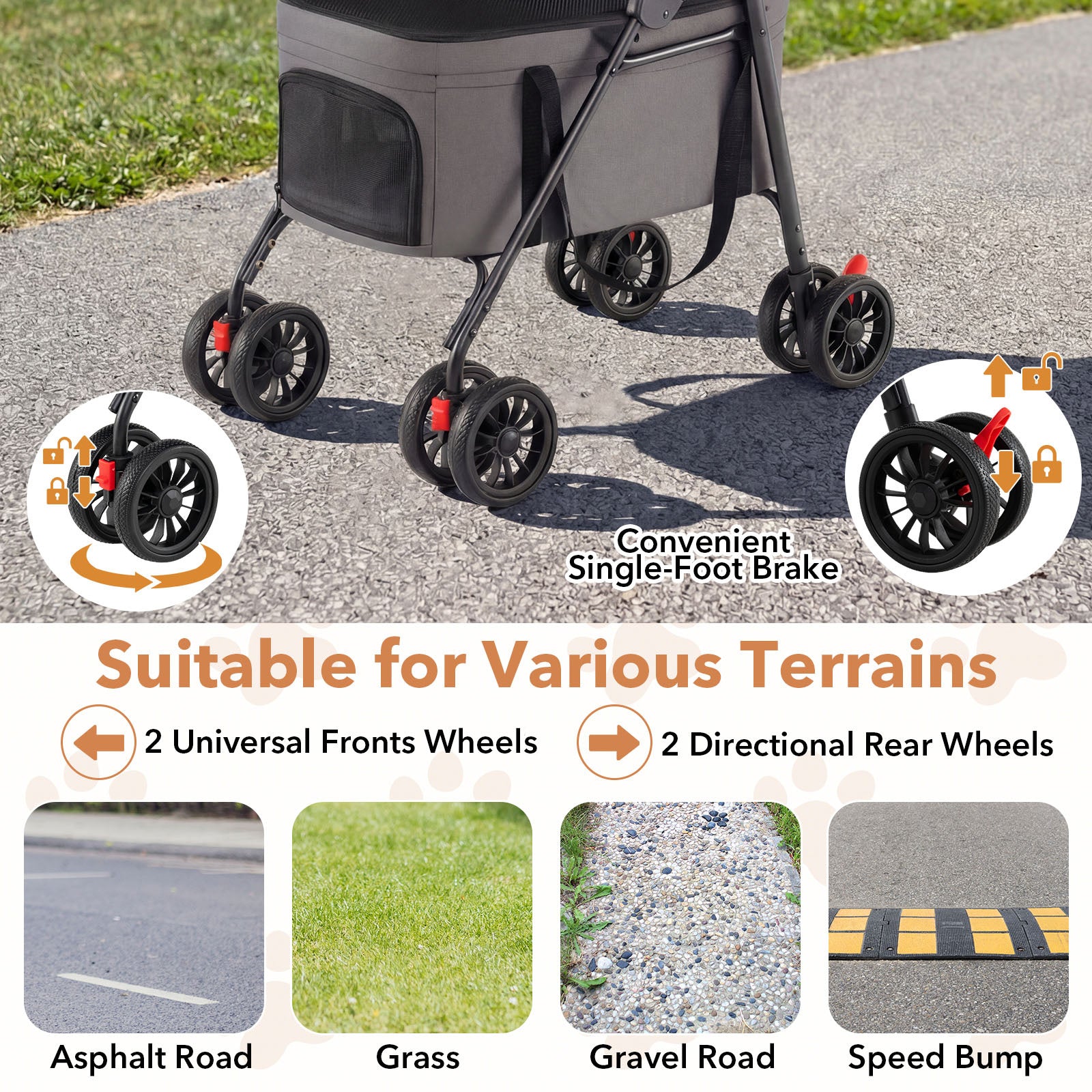 Double Pet Stroller 3 in 1 Foldable with 2 Detachable Carriers Car Seats-Grey