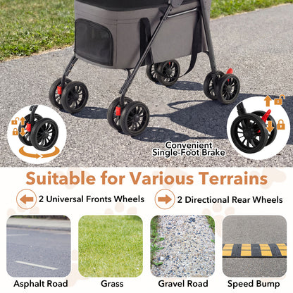 Double Pet Stroller 3 in 1 Foldable with 2 Detachable Carriers Car Seats-Grey