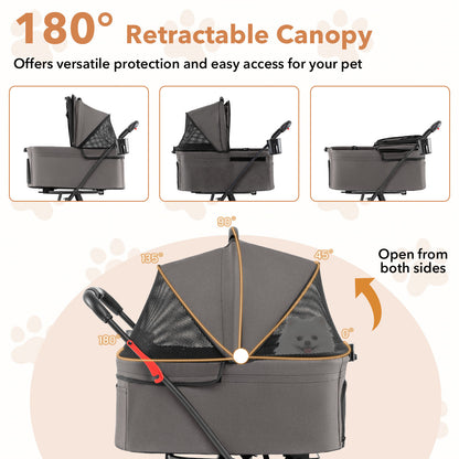 Double Pet Stroller 3 in 1 Foldable with 2 Detachable Carriers Car Seats-Grey