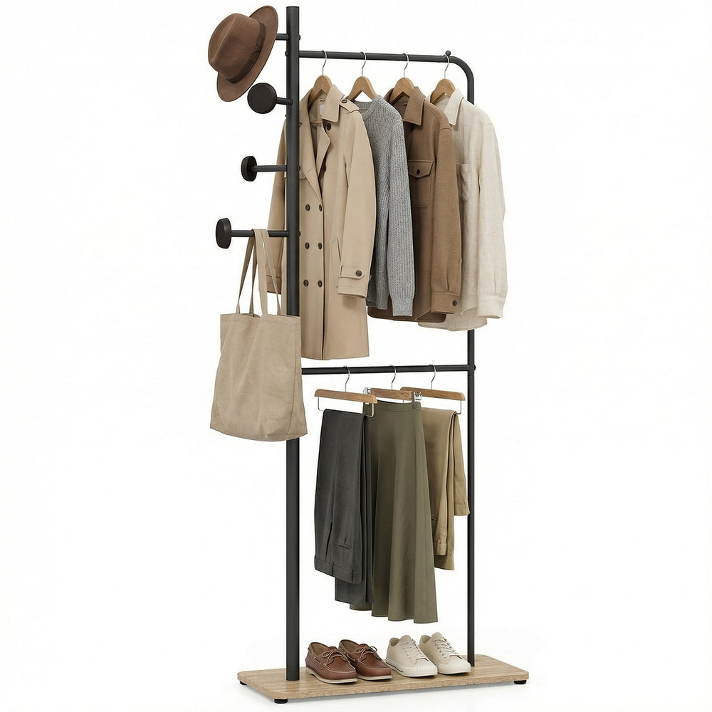 Double Rods Clothes Hanging Rack with Rubber Wood Hooks and Wooden Bottom Shelf