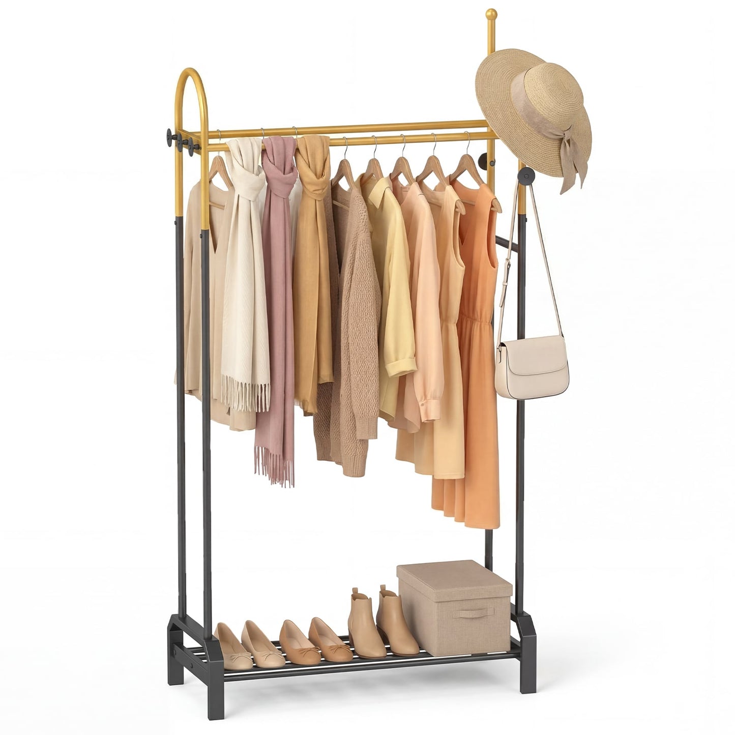 Double Rods Garment Rack Freestanding Clothing Rack with 5 Hooks-Golden