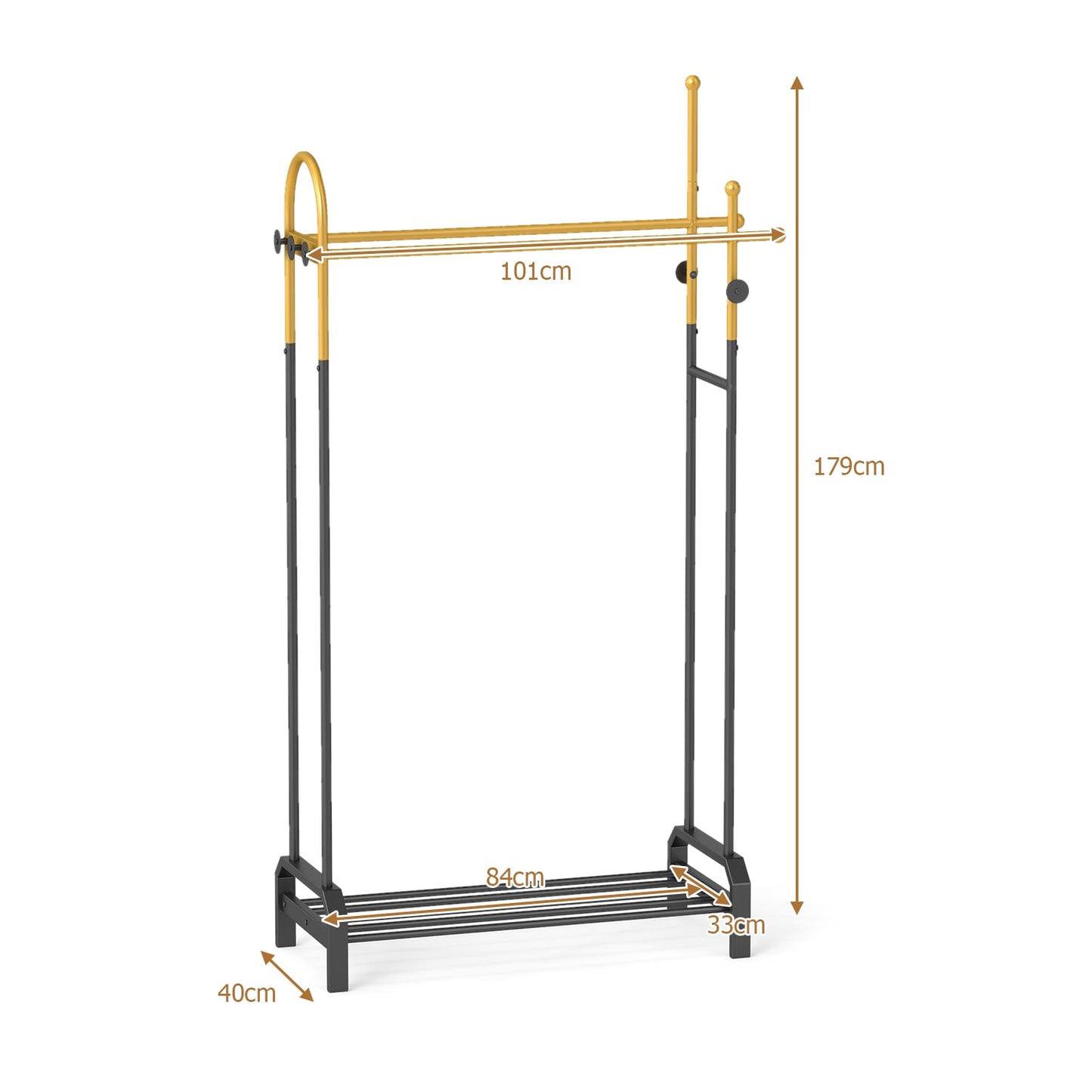 Double Rods Garment Rack Freestanding Clothing Rack with 5 Hooks-Golden