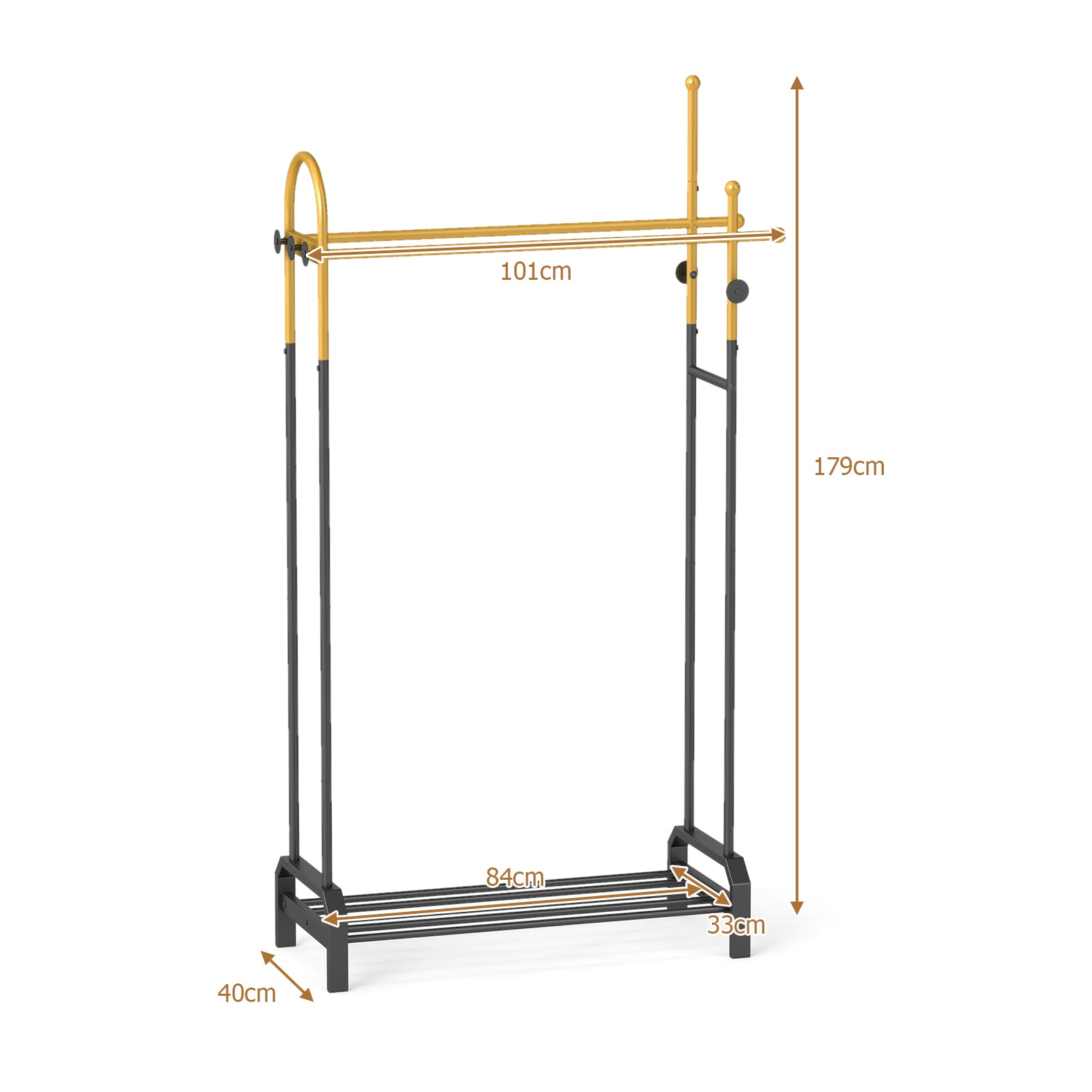 Double Rods Garment Rack Freestanding Clothing Rack with 5 Hooks-Golden