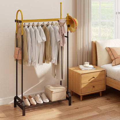 Double Rods Garment Rack Freestanding Clothing Rack with 5 Hooks-Golden